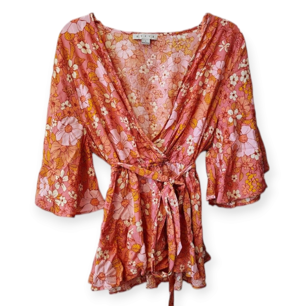 Floral Wrap Blouse with Bell Sleeves